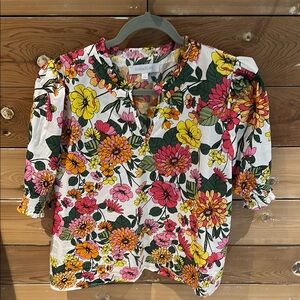 Sugarlips White and Pink Ruffled Blouse with Mandarin Collar